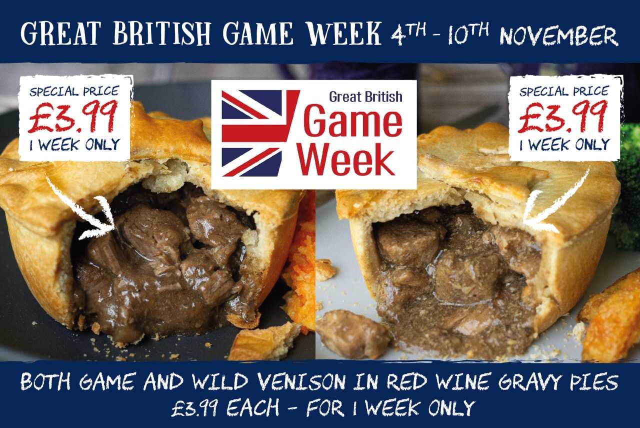 Great British Game Week 4th-10th November - Special Price £3.99 - Game and Wild Venison in Red Wine Gravy Pies - One Week Only