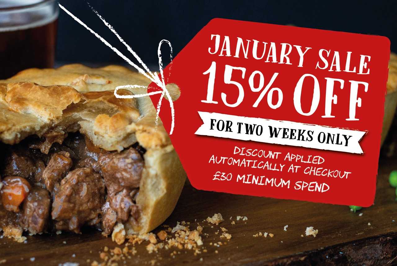 January sale: 15% off for two weeks, discount applied automatically at checkout, £30 minimum spend